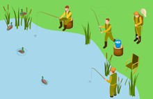 Fishermen On The Lake. Vector Isometric Fishing Concept. Male Hobby, Outdoor Recreation. Illustration Fishing In Lake, Fisherman Wait