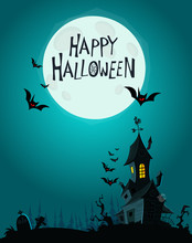 Vector Illustration Of A Landscape With A Spooky Haunted Halloween House And A Full Moon