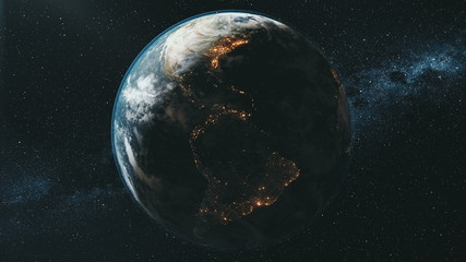 Wall Mural - rotating planet earth lit by bright sun in dark outer space against milky way zoom out. 3d render an