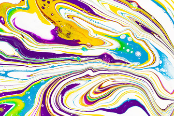 Wall Mural - Acrylic paint waves abstract background. Rainbow marble texture. Oil paint liquid flow colorful wallpaper. Creative violet, yellow, blue fluid effect backdrop.