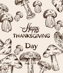 Wall Mural - Happy Thanksgiving card line art Vector. Mushrooms and veggies detailed illustrations