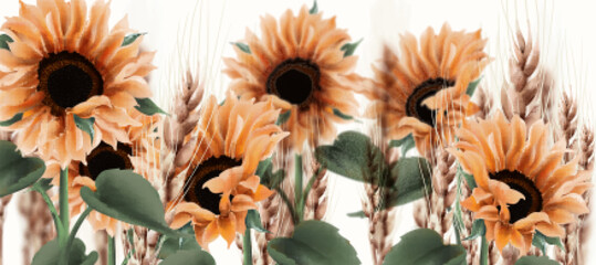 Sunflower watercolor background Vector. Vintage rustic style floral decors