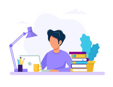 Man With Laptop, Education Or Working Concept. Table With Books, Lamp, Coffee Cup. Vector Illustration In Flat Style