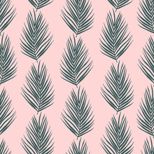 Palm Tree Leaves Seamless Pattern. Exotic Plants Foliage On Pink Background. Tropical Flora Leafage Textile Print. Vertical Botanical Twigs Fabric, Minimalist Textile Wallpaper Design