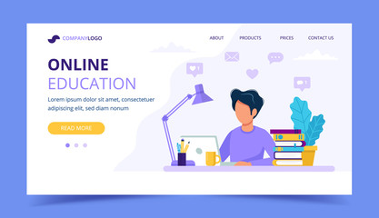 Wall Mural - man with laptop landing page, education or working concept. table with books, lamp, coffee cup. vect