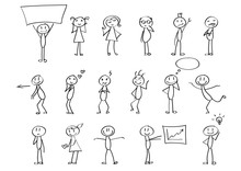 Funny Children Drawings - Set Of Stick Figures In Different Poses. Material For Slide Shows, Presentations And All Sorts Of Prints. Simple Hand Drawn Doodles In Black And White. 