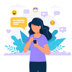 Wall Mural - woman texting with a smartphone, social media icons. concept vector illustration in flat style