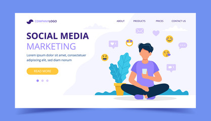 Wall Mural - man with a smartphone and different social icons, social media marketing landing page template. vect