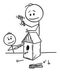 Canvas Print - Vector cartoon stick figure drawing conceptual illustration of man and boy or father and son building together birdhouse for birds in workshop.