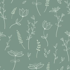 Wall Mural - Vintage flowers teal seamless pattern. Beautiful hand drawn retro background. Elegant fabric on light background Vector surface pattern design