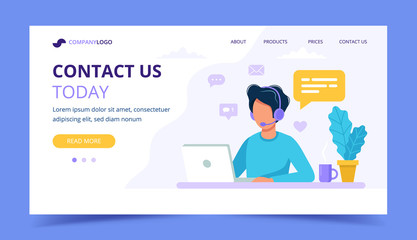 Wall Mural - contact us landing page. man with headphones and microphone with computer. concept illustration for 