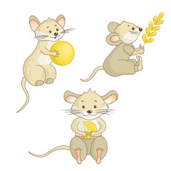 Canvas Print - set of three cute little mice on a white background, by 2020