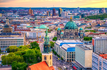 An aerial view of the Berlin Cathedral at sunset.