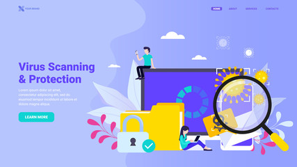 Computer virus scanning and protection, antivirus, firewall, file scanning, phone and email checking. Flat vector illustration with characters for landing page, web site, banner, hero image.