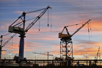 Cranes at sunset in the Port of San Diego.