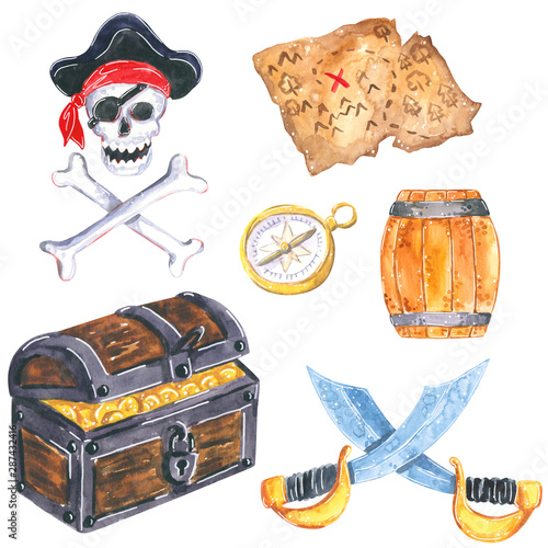 Set Of Pirate Clipart Pirate Ship Treasure Chest With Gold Coins Skull And Bones Treasure Map Pirate Saber Hand Drawn Watercolor Illustration Isolated On White Buy This Stock Illustration And Explore