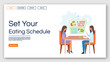 Healthy eating schedule landing page vector template. Consulting dietitian website interface idea with flat illustrations. Gastroenterologist homepage layout. Web banner, webpage cartoon concept