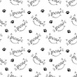 Seamless pattern with meow lettering with cat whiskers, ears and smile. Black drawing on white background. Vector illustration.