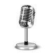 © gomolach - Vector 3d Realistic Steel Retro Concert Vocal Microphone with Stand Icon Closeup Isolated on White Background. Design Template of Vintage Karaoke Metal Mic. Front view