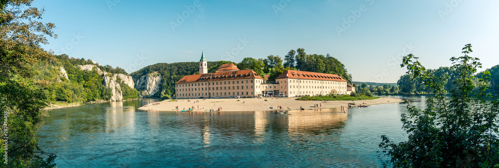Panorama view on Weltenburg Abbey - Kloster Weltenburg. This landmark is a Benedictine monastery in Weltenburg in Kelheim on the Danube in Bavaria, Germany. - obrazy, fototapety, plakaty 