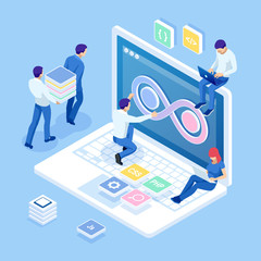 Wall Mural - isometric technology process of software development. web development and coding. cross platform dev
