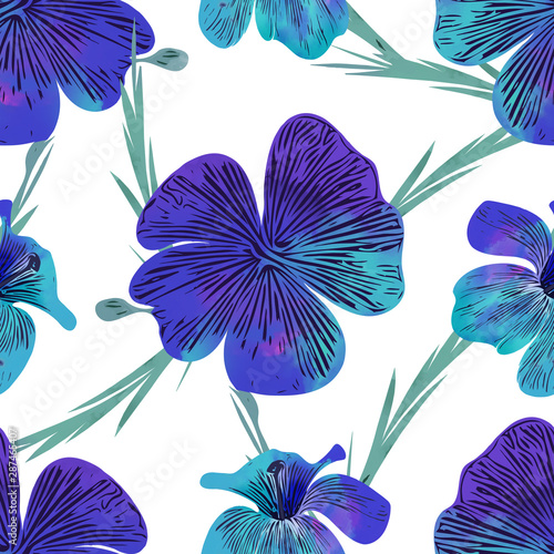 Colored flowers seamless pattern.  Watercolor illustration.