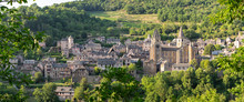 Panoramic View Of  Conques, France. Old Medieval Village.