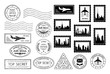 Postal stamps and postmarks. Set of various postmarks and postage stamps with city silhouettes. Air mail, top secret, express delivery, post office.  Santa's Air Mail.  Isolation. Vector illustration