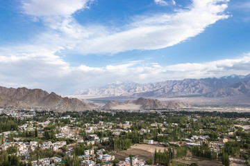 Wall Mural - Landscape view of rural valley from shanti stupa in Leh Ladakh, Jammu and Kashmir.