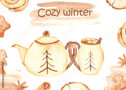 Download Watercolor Hygge Winter Christmas Card With Teapot Mug And Pastries Stock Illustration Adobe Stock