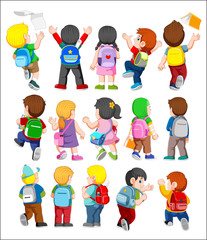 Wall Mural - Collection of Back View Illustration of Kids wearing Backpacks