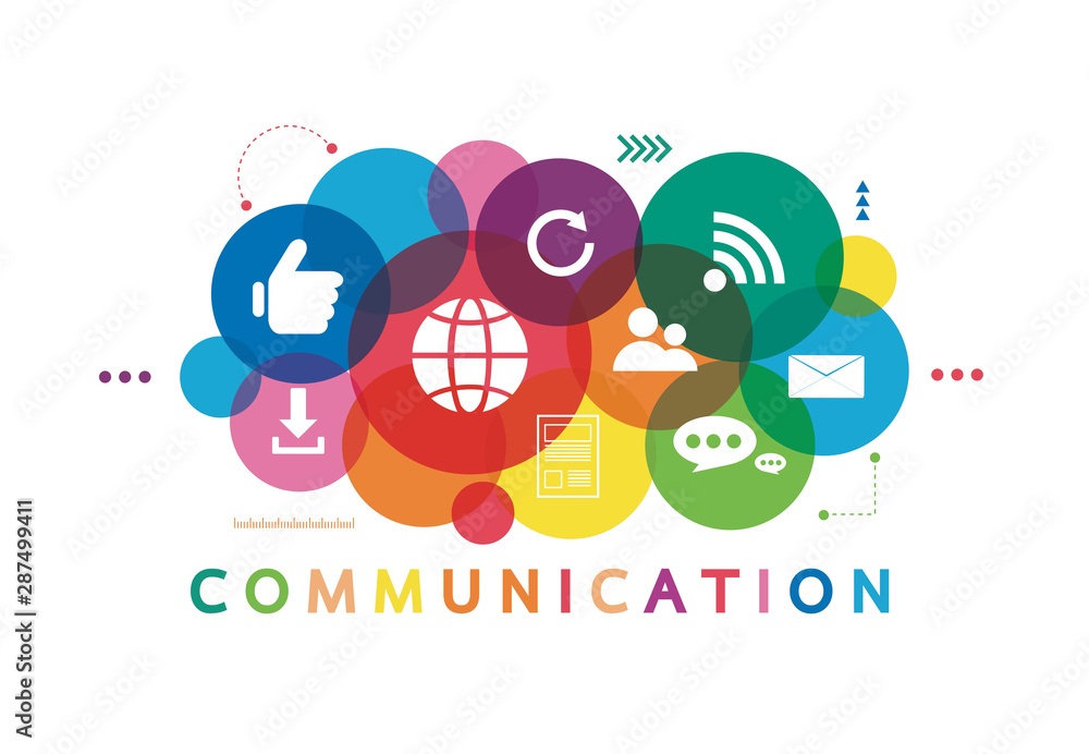 Vector illustration of a communication concept. The word communication with colorful dialog speech bubbles - obrazy, fototapety, plakaty 