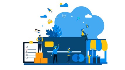 Website or landing page of online shopping, credit card payment, gift card with Tiny People Character Concept Vector Illustration, Suitable For web landing page,Wallpaper, Background, Card, banner