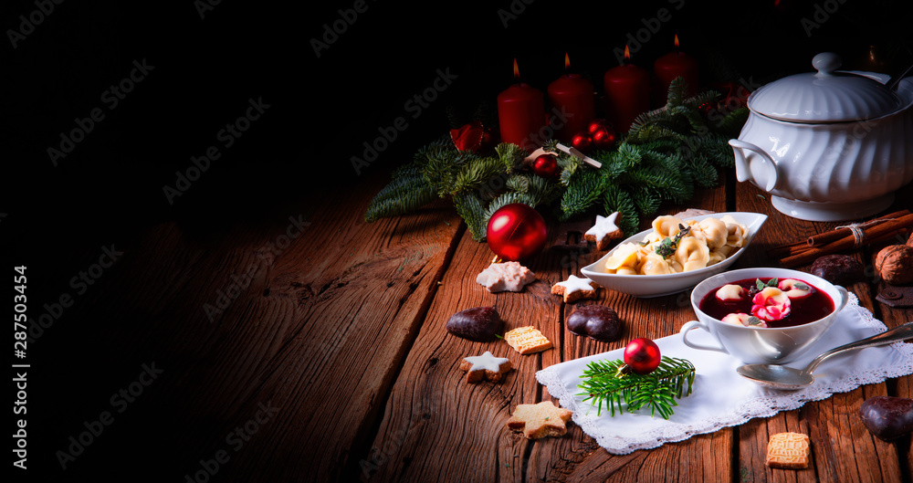 traditional Polish Christmas Eve borscht with dumplings - obrazy, fototapety, plakaty 