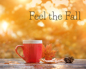 Feel the Fall. Red mug on rustic wood background. fall season concept. Cup of tea with autumn leaves. beautiful autumn composition. Autumn mood. shallow depth, soft selective focus