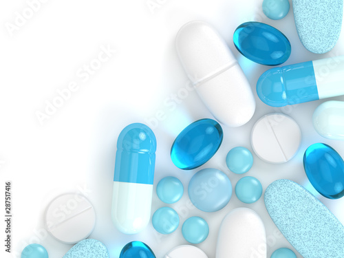 Fotografía 3d render of pills, tablets and capsules over white