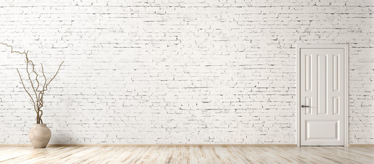 Interior background of room with brick wall, vase with branch and door 3d rendering