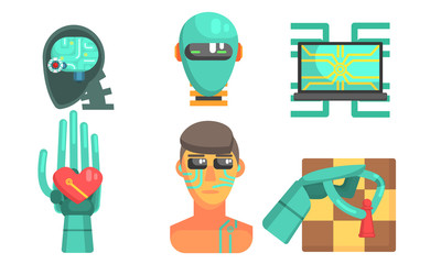 Sticker - Artificial Intelligence Icons Set, Robotic Cybernetic Technology Objects Vector Illustration