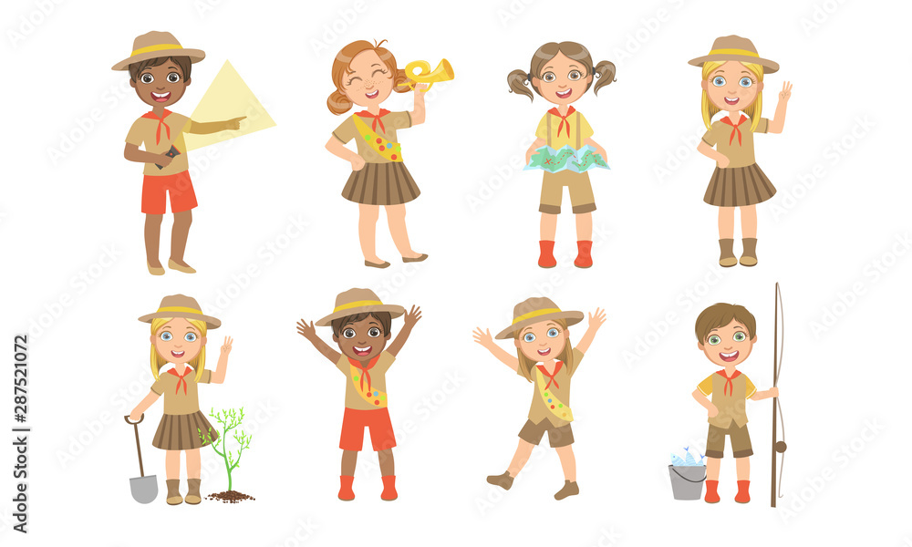 Cute Kids Scouts Camping Set, Cute Boys and Girls in Scout Costumes ...