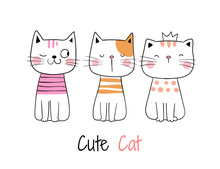Draw Collection Of Cute Cat On White.