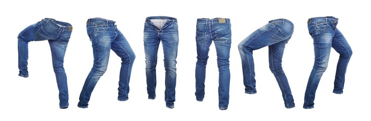 Wall Mural - Set of empty blank jeans pants in different poses isolated on a white background