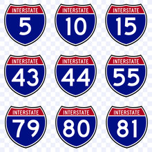 Set USA road traffic transportation route shield sign,  interstate american numbers highway route shield symbol vector isolated