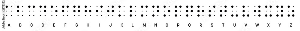 Braille alphabet letters in a row. Braille is a tactile writing system used by blind or visually impaired people. Vector illustration in black and white - obrazy, fototapety, plakaty 