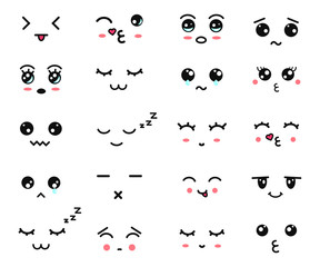 Wall Mural - Kawaii cute faces. Manga style eyes and mouths. Funny cartoon japanese emoticon in in different expressions. Expression anime character and emoticon face illustration. Background, Wallpaper.