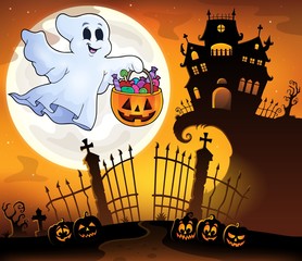 Poster - Halloween ghost near haunted house 5