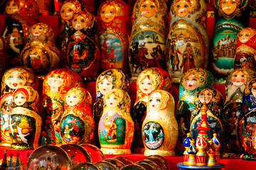 Wall Mural - Traditional souvenirs from Russia - colorful nesting dolls, also known as matryoshka, babushka, stacking dolls, or Russian dolls