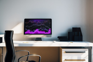 Cabinet desktop interior with financial charts and graphs on computer screen. Concept of stock market analysis and trading. 3d rendering.