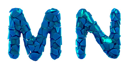 Letter set M, N made of 3d render plastic shards blue color.