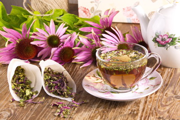 Wall Mural - Tea drink with Echinacea purpurea (Echinacea purpurea) dried folk medicine