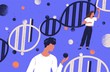 © Good Studio - Researchers holding DNA molecules flat vector illustration. Man and women study genetic engineering cartoon characters. Genome mutation. Scientists investigate chromosome structure. Gene manipulation.